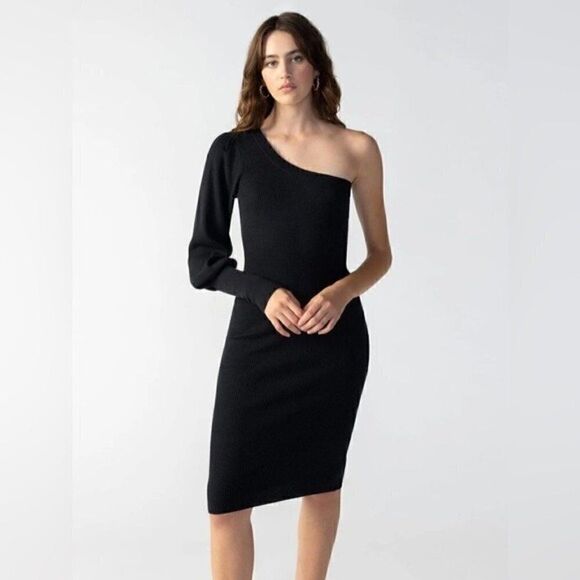 Sanctuary Women's One-Shoulder Puff-Sleeve Ribbed MIDI Black Sweater Dress - Picture 1 of 11